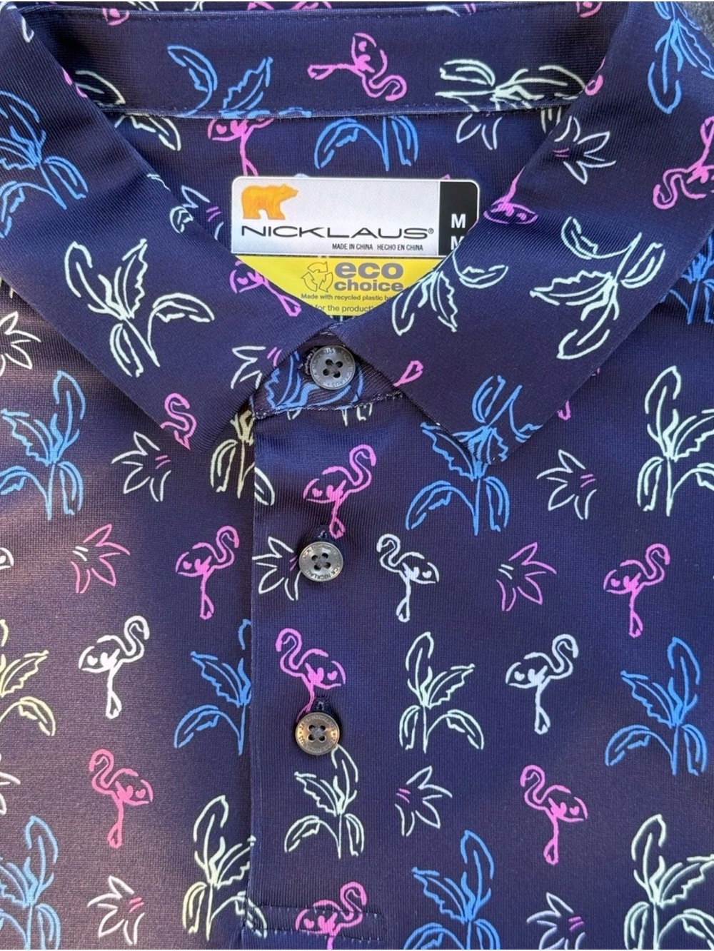 Nicklaus Navy Flamingo Print Polo golf Shirt M